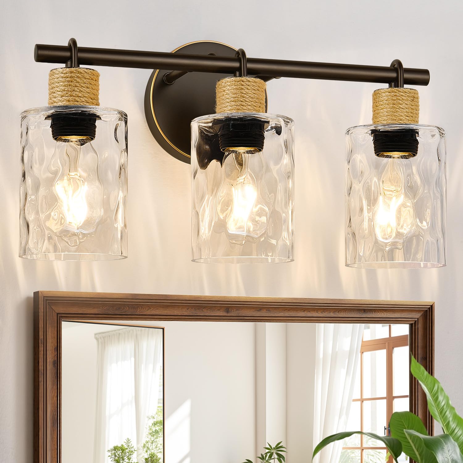 MOKATNG Bathroom Light Fixtures  3-Light Coastal Vanity Lights with Crystal Glass Shade  Oil-Rubbed Bronze Bathroom Wall Lamp for Mirror Kitchen Hallway Cabinet