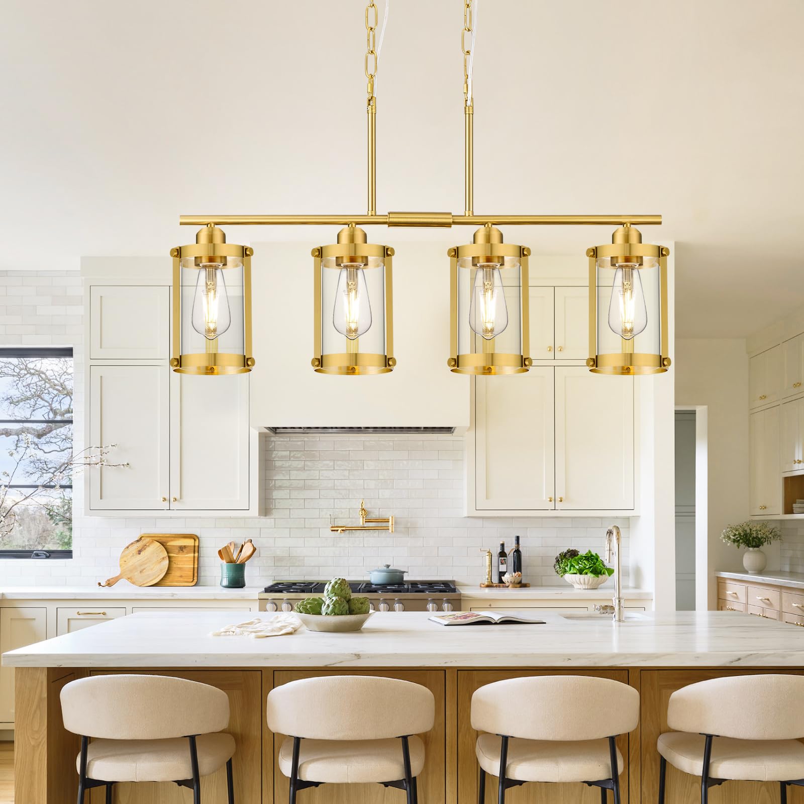 Osimir 4-Light Kitchen Island Lighting  Brushed Gold Linear Dining Room Light Fixtures With Clear Glass  Modern Mid Century Chandelier Pendant Light For Kitchen Island Dining Room  Os-3014-4Isbg