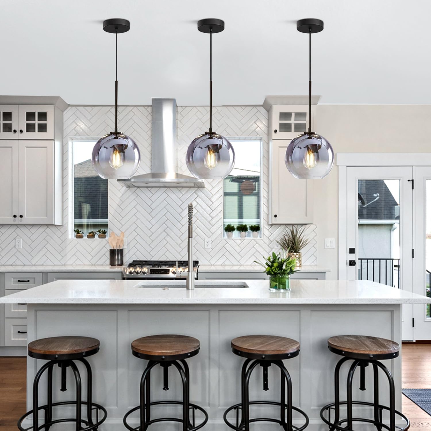 Kco Lighting Mercury Glass Pendant Light Fixtures Mid Century Modern Silver Kitchen Island Pendant Lights Ceiling Hanging Black