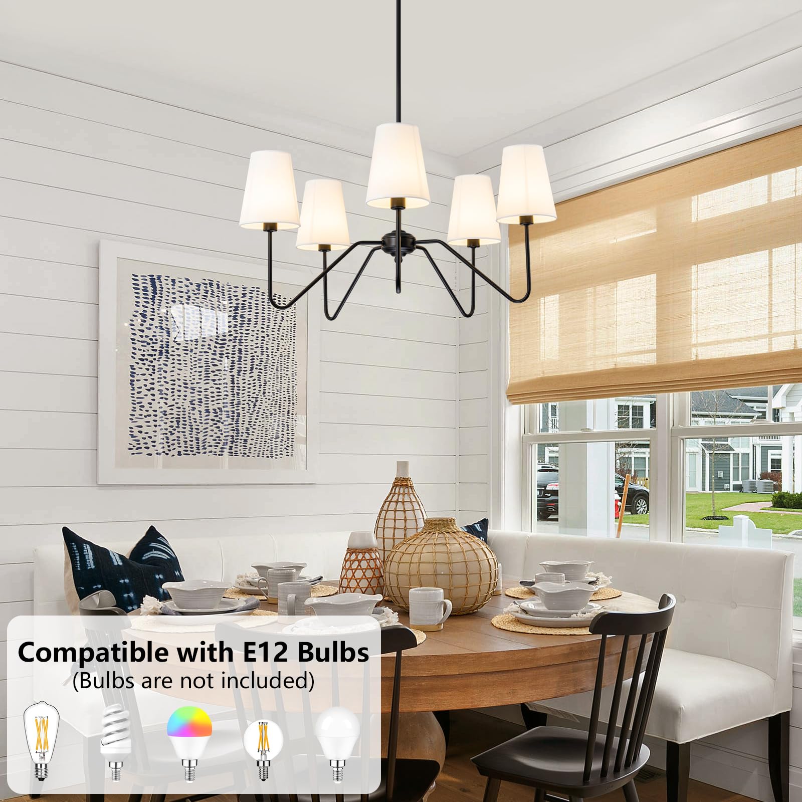 FIYUEOYI Modern 5 Light Chandelier, Adjustable Black Pendant Light with White Shades for Living Room, Dining Room, Bedroom - Model YUX003
