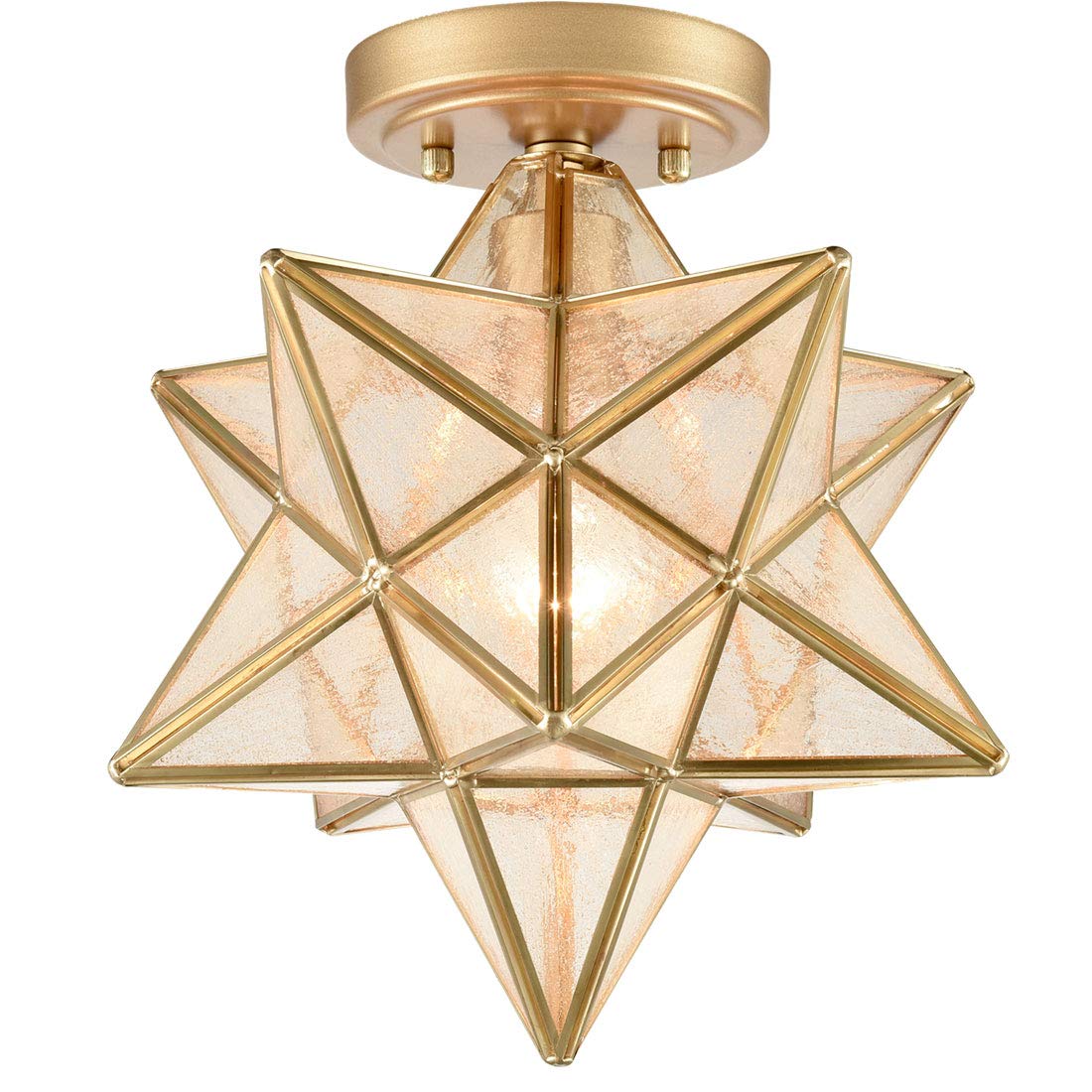12-Inch Moravian Star Ceiling Light Brass Boho Moroccan Lamp with Seeded Glass Shade