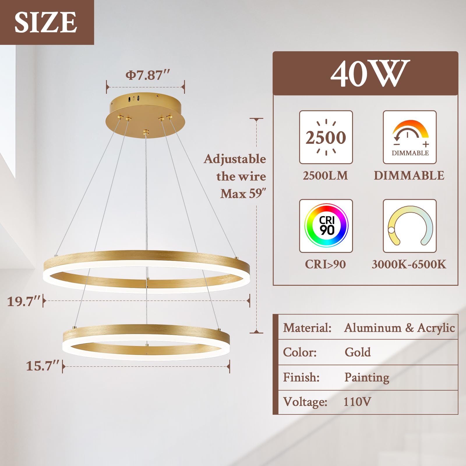 Sparklelf LED Chandelier Pendant Light, 2 Rings, Metal, Gold, Remote Control, 3000K-6500K, Modern Flush Mount for Bedroom, Living Room, Dining Room