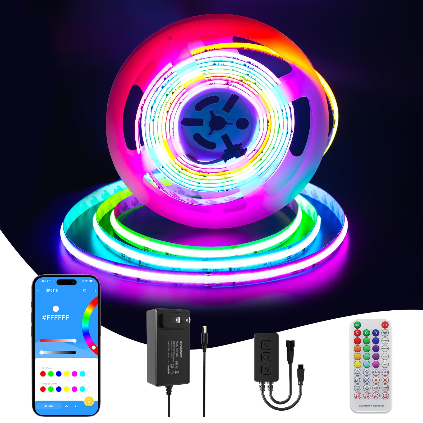 Gingsow Rgb Smart Ic Cob Led Strip Light 18Ft Addressable Chasing Color 12V Led Light Strip Multicolored Flexible Rgb Lights Kit With Music Mode For Party  Decoration  Home Diy Lighting Projects