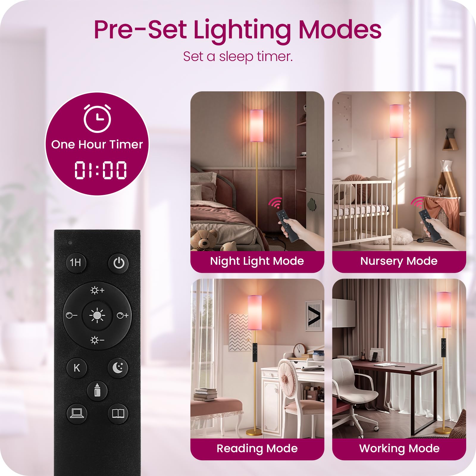 Dimmable Pink Floor Lamp For Living Room With Remote And Foot Switch, Corner Floor Lamp, 66'' Standing Tall Lamp, 10W 900Lm Bulb