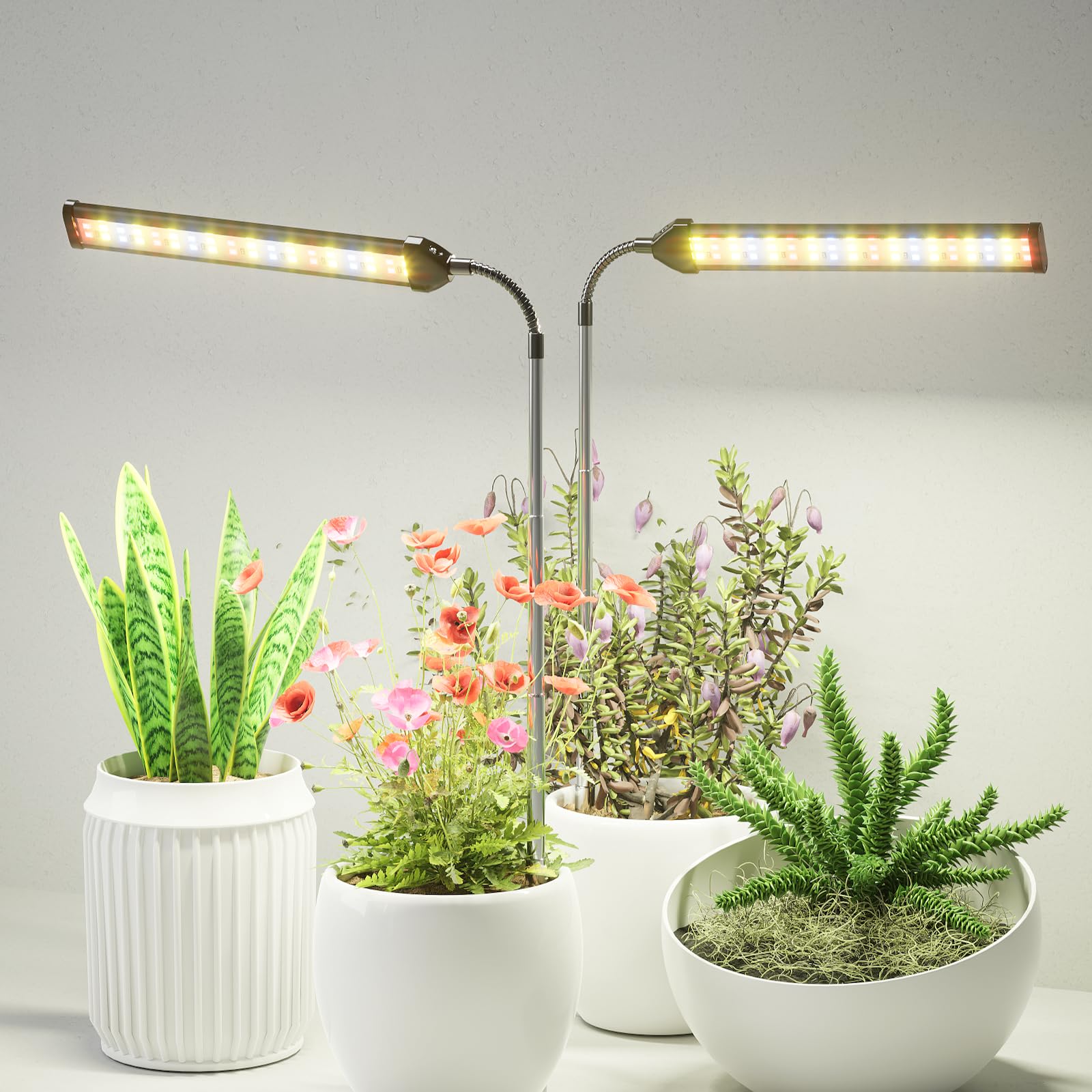 Juhefa Grow Light For Indoor Plants Growing, 6000K Full Spectrum Gooseneck Plant Lamp For Seedings Succulents Small Plants, 5 Dimming & 4/8/12/18H Timer, 2 Pack