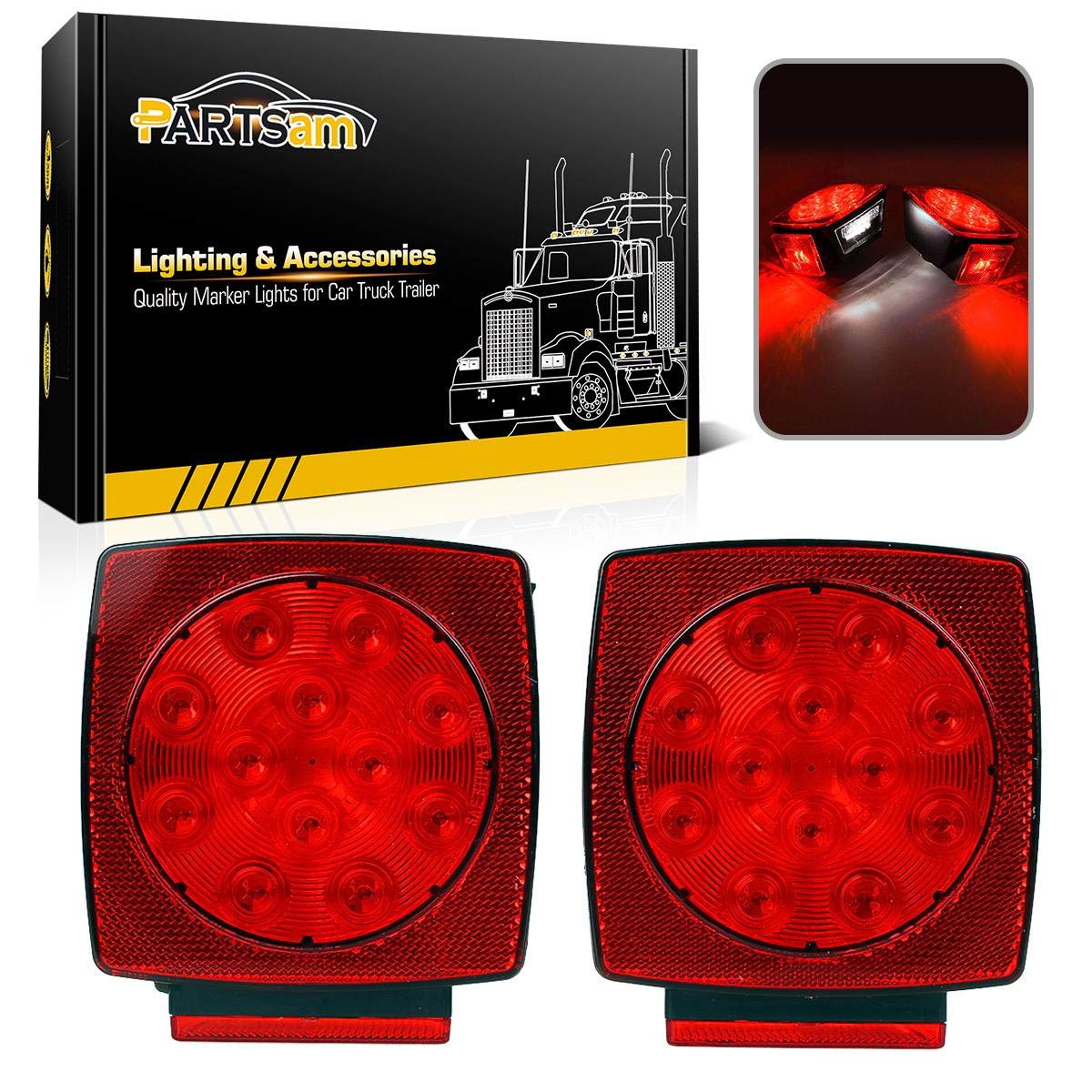 Partsam 12V Submersible Square Led Trailer Light,Red White Led Stop Turn Tail License Brake Running Light Lamp For Trailers Unde