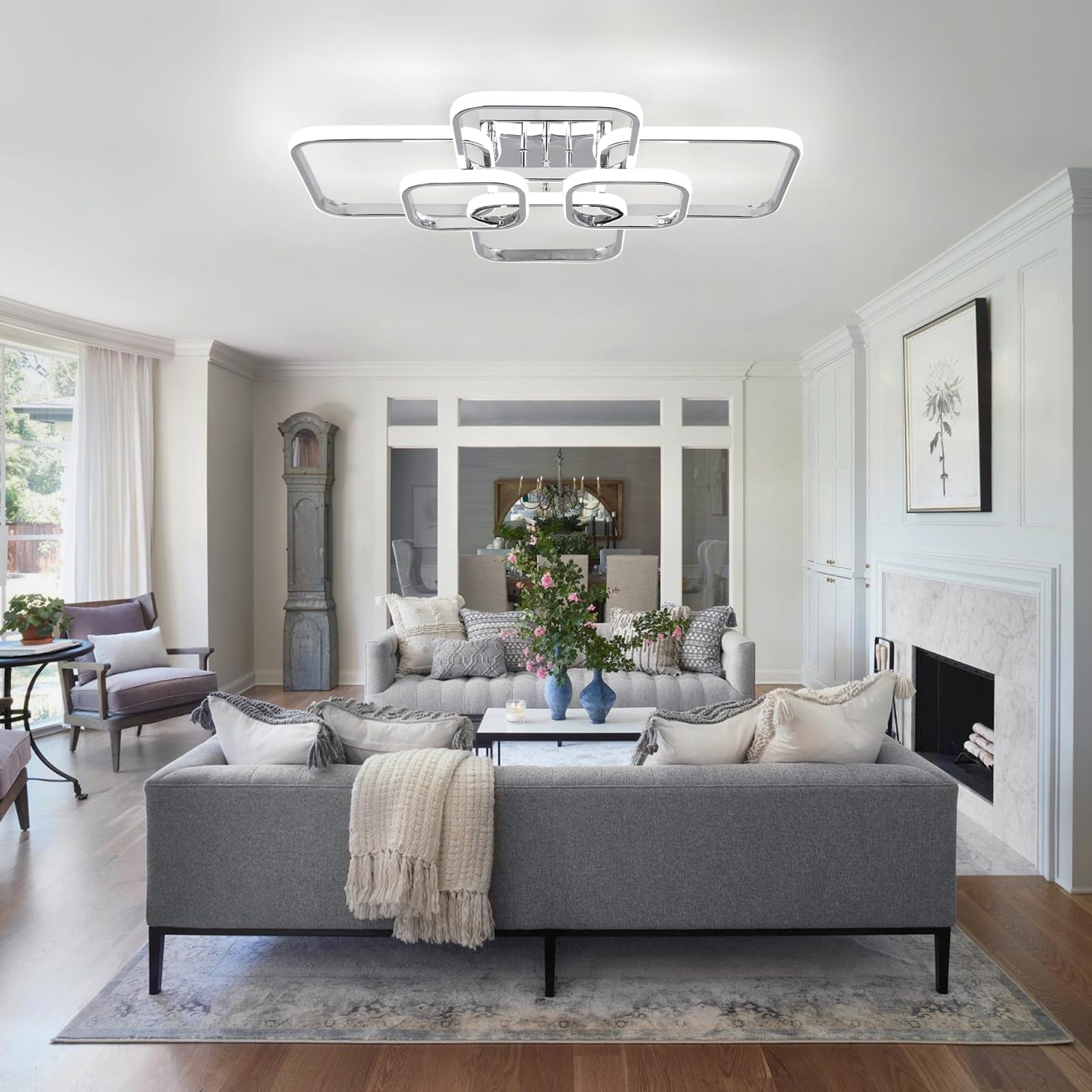 Sovinzert 31.5'' Modern Led Ceiling Light 6-Square Dimmable Ceiling Light Fixtures With Remote 3000K-6000K Chrome Close To Ceili