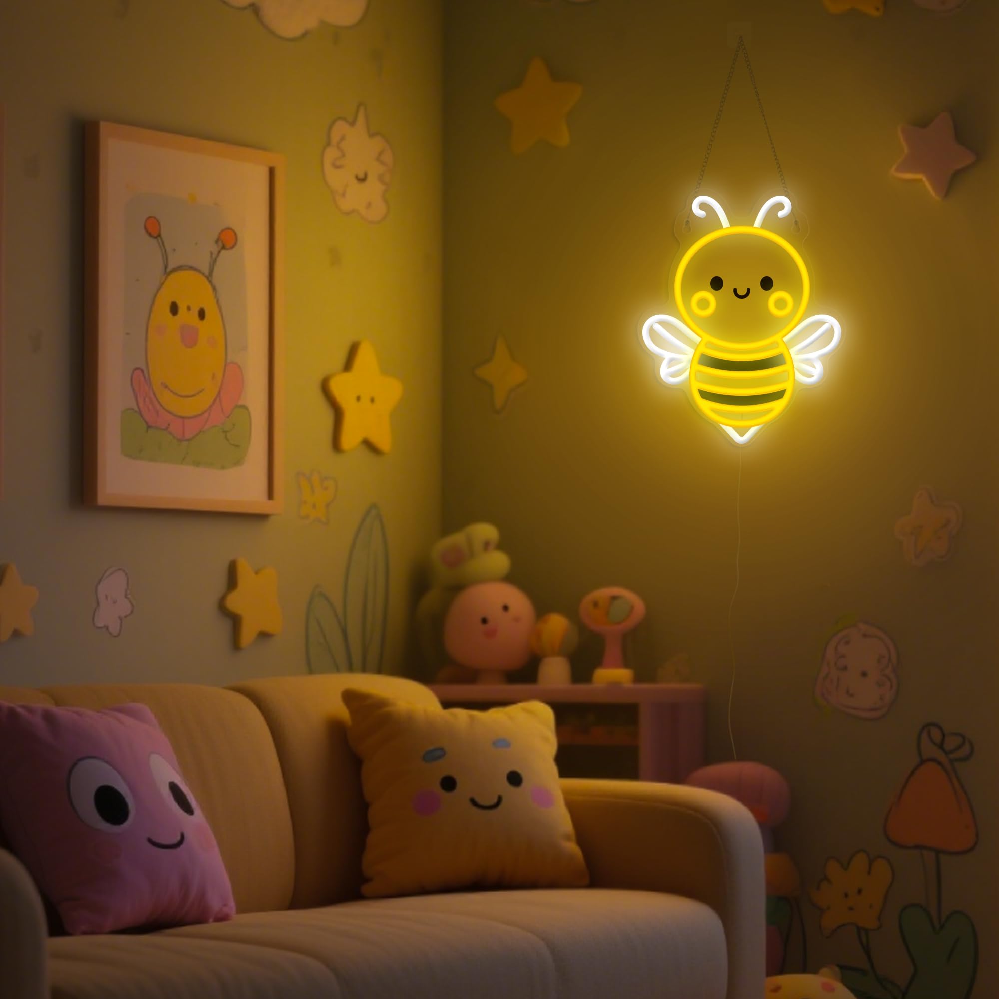 OkiyiD Bee Neon Sign Wall Art - USB-Powered, Energy-Saving Light, 11.8"x11.8", Perfect for Bedroom, Living Room, Office, and Garden