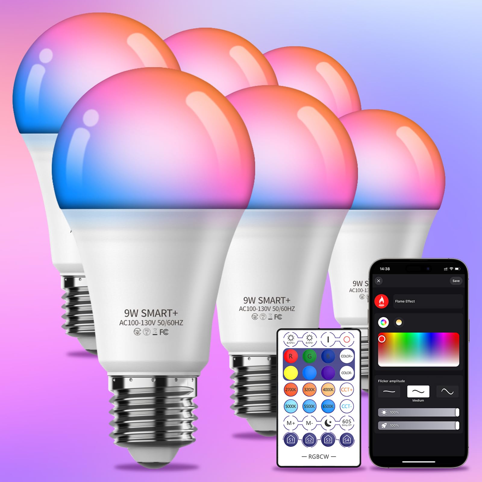 Smart Light Bulbs 6Pack With Remote, Color Changing Light Bulbs Work W/Alexa Google Home, 9W A19 E26 800Lm Colored Led Bulb, 2.4
