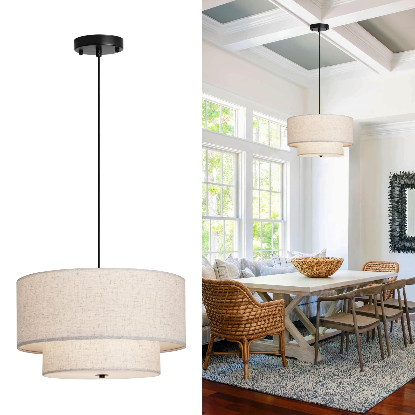 HILUXIA 18'' Modern Double Drum Fabric Pendant Light, Large Hanging Ceiling Chandelier Fixture with Dual Layer Fabric Shade, Ide
