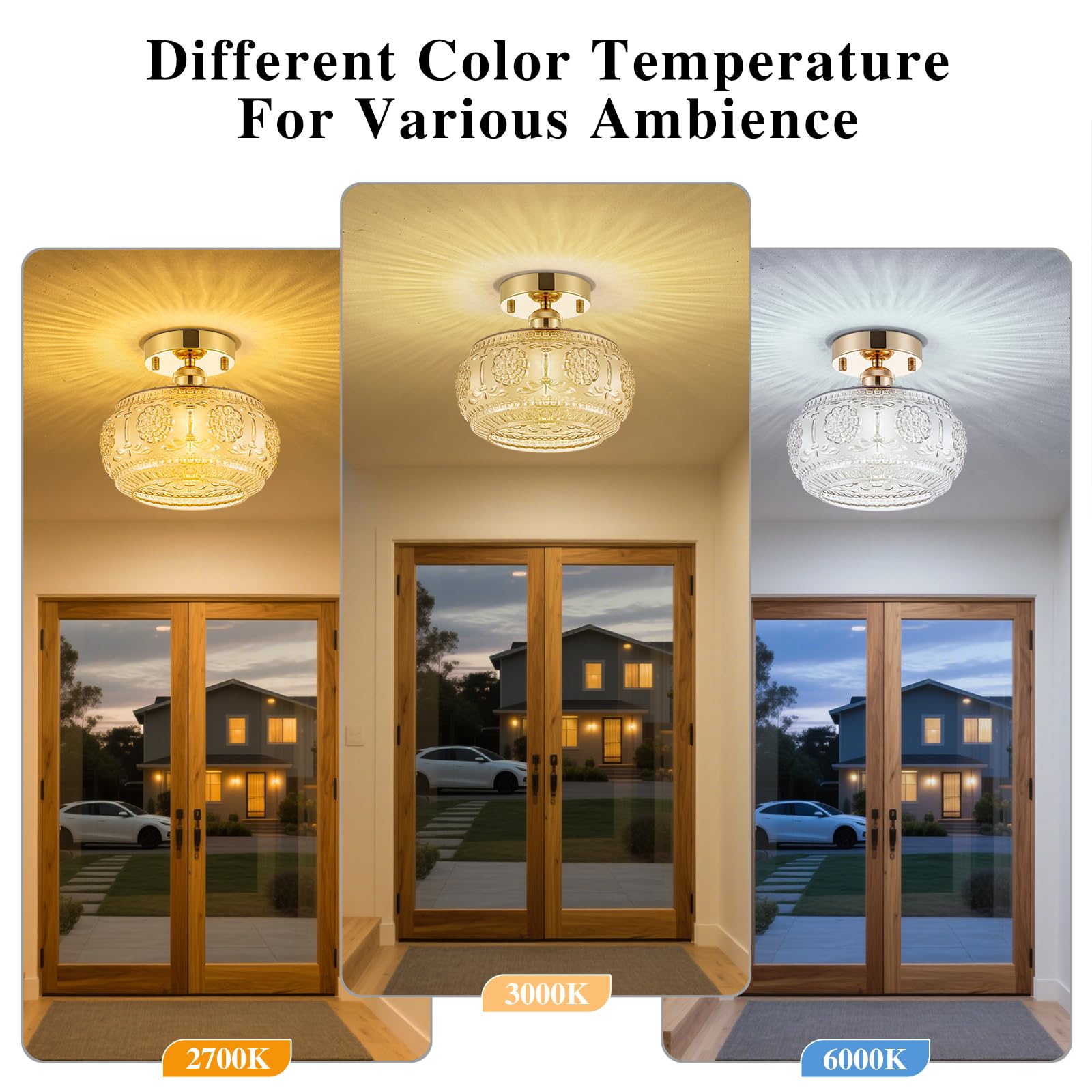 Tbaoinla Semi Flush Mount Ceiling Light - French Gold Finish & Amber Floral Glass Shade  Vintage Modern Lighting For Bathroom  Kitchen  Bedroom (Bulb Not Included)