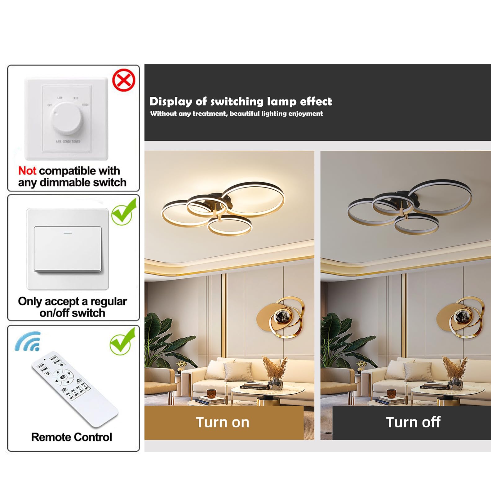 Ganeed Dimmable LED Ceiling Light Modern 4 Rings Ceiling Lamp with Remote Control,60W Gold Flush Mount Ceiling Lights for Living