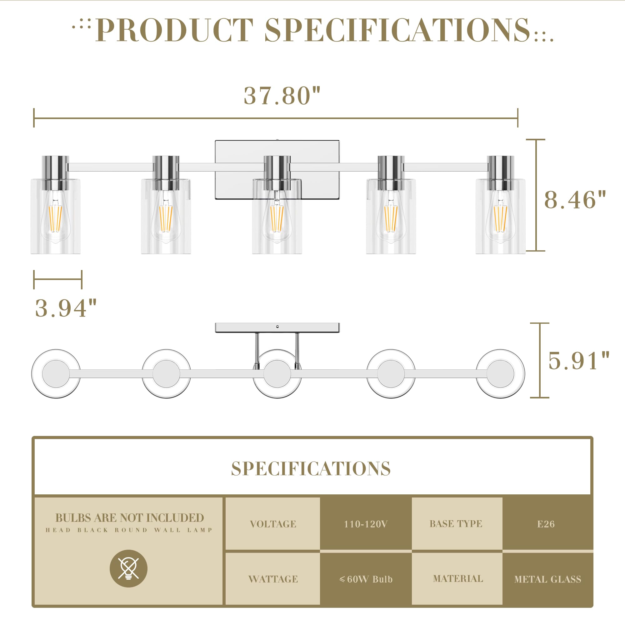 Esfos 5-Light Modern Vanity Light Fixture, Polished Chrome, Clear Glass Shade, Wall Sconce for Bathroom, E26 Base, Model 3744c27d-9d03-4