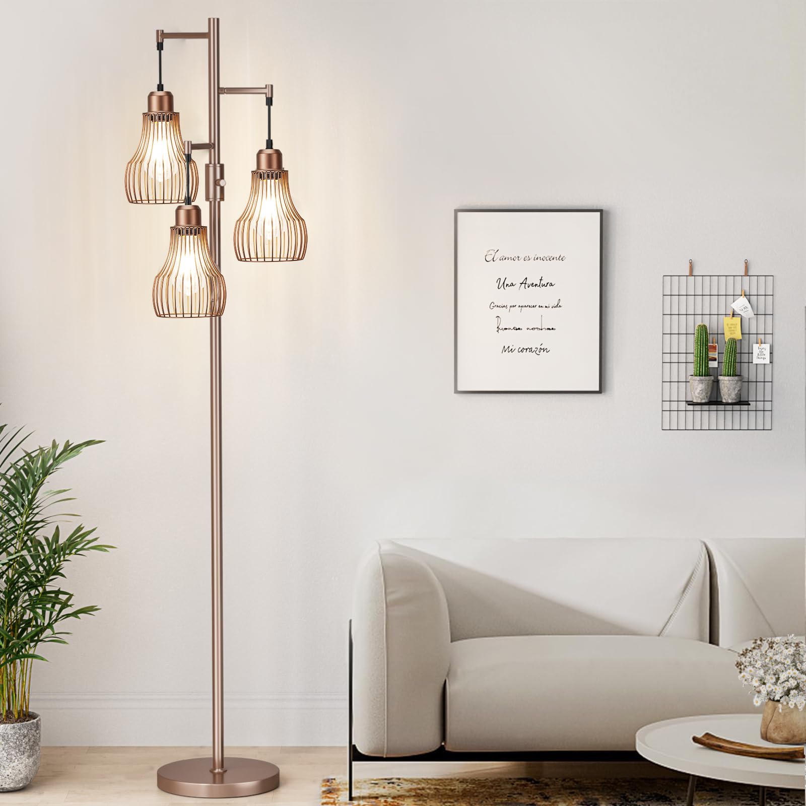 Ziisee Dimmable Floor Lamps for Living Room, Industrial Tree Standing Tall Lamps with 3 Elegant Cage Shade & 800 Lumens LED Bulb