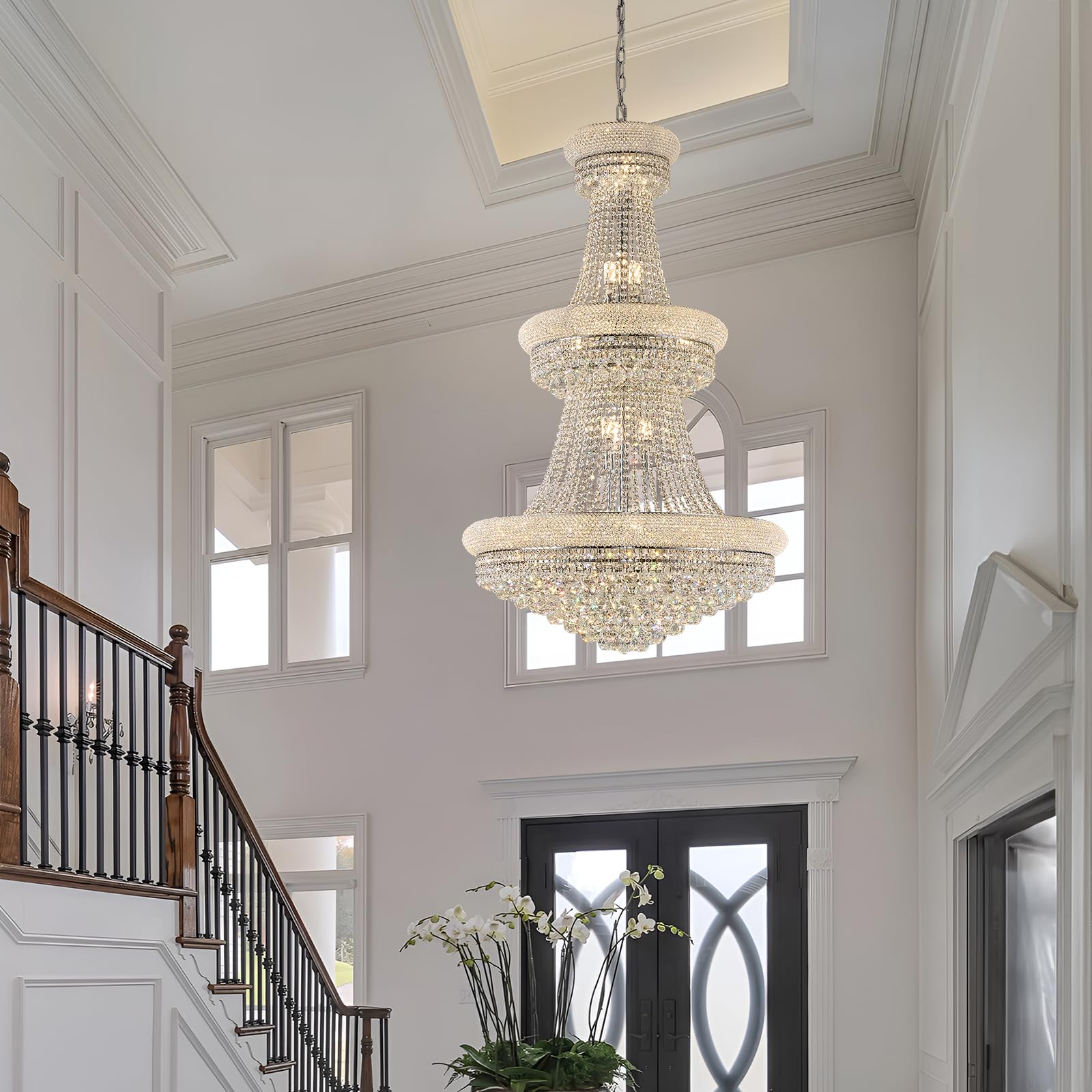 Homeooze 31 - Light Large Empire Crystal Chandelier For High Ceiling Foyer Entryway Staircase Living Room Dining Room Chrome Fin
