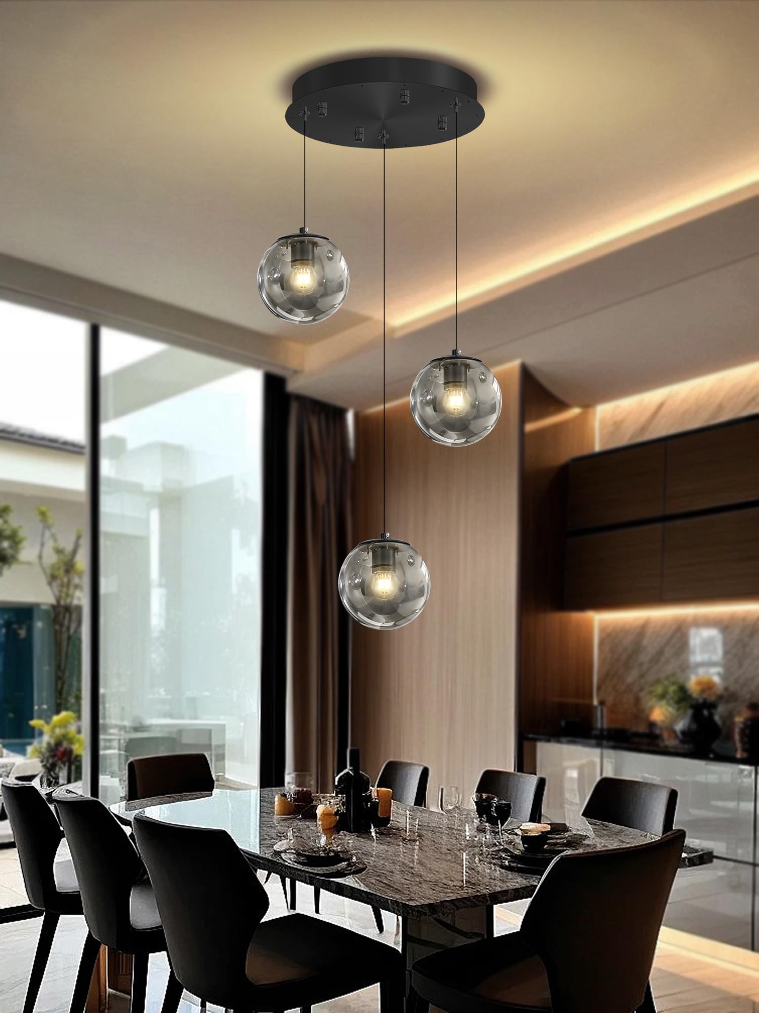 ykolupty 3-Light Black Pendant Light, Smoke Gray Glass Globe, Adjustable Hanging Fixture for Kitchen Island, Model TP3016-YH-3H
