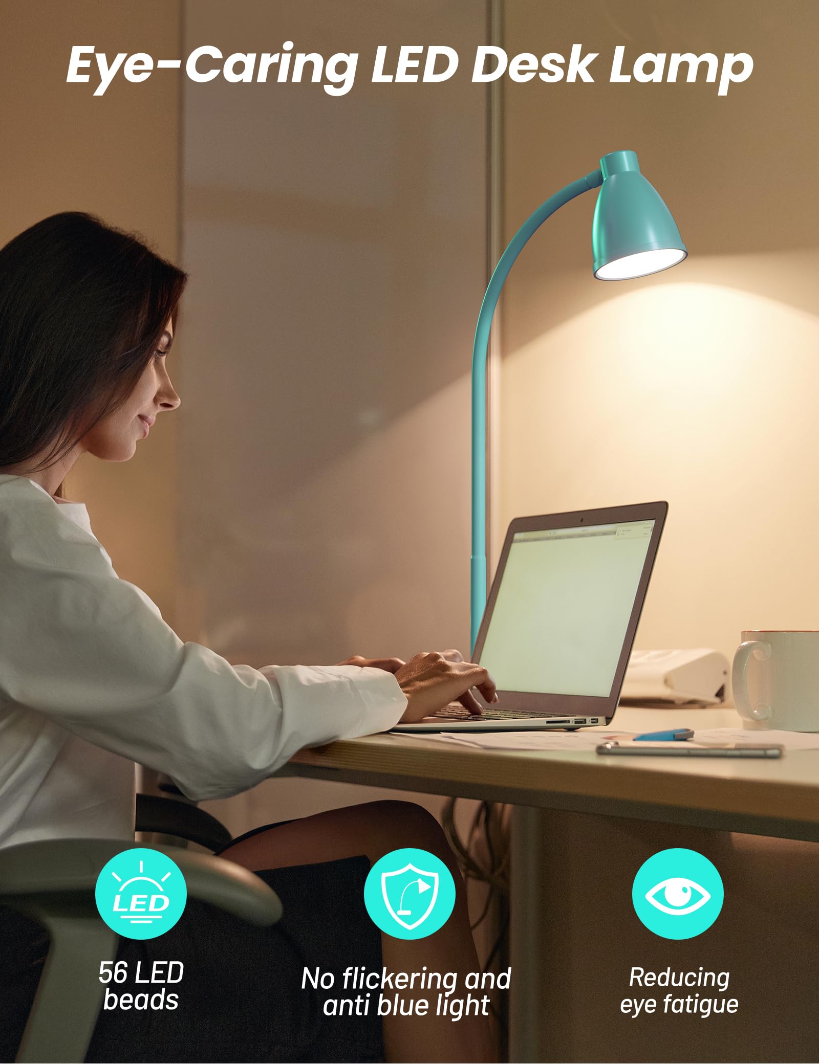 BOHON LED Desk Lamp, Flexible Gooseneck, 3 Color Modes, Dimmable, Teal, Model GGBDL10WT, USB Charging Port, Adapter Included