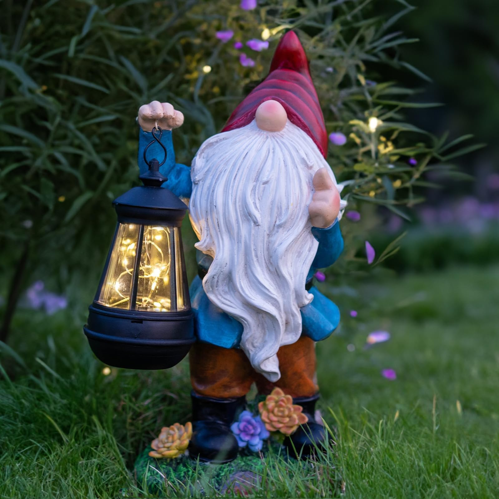 Candieslife Solar Garden Statue Lights Gnome Figurine with Solar Lantern, Outdoor Garden Succulent Ornaments Waterproof Christma