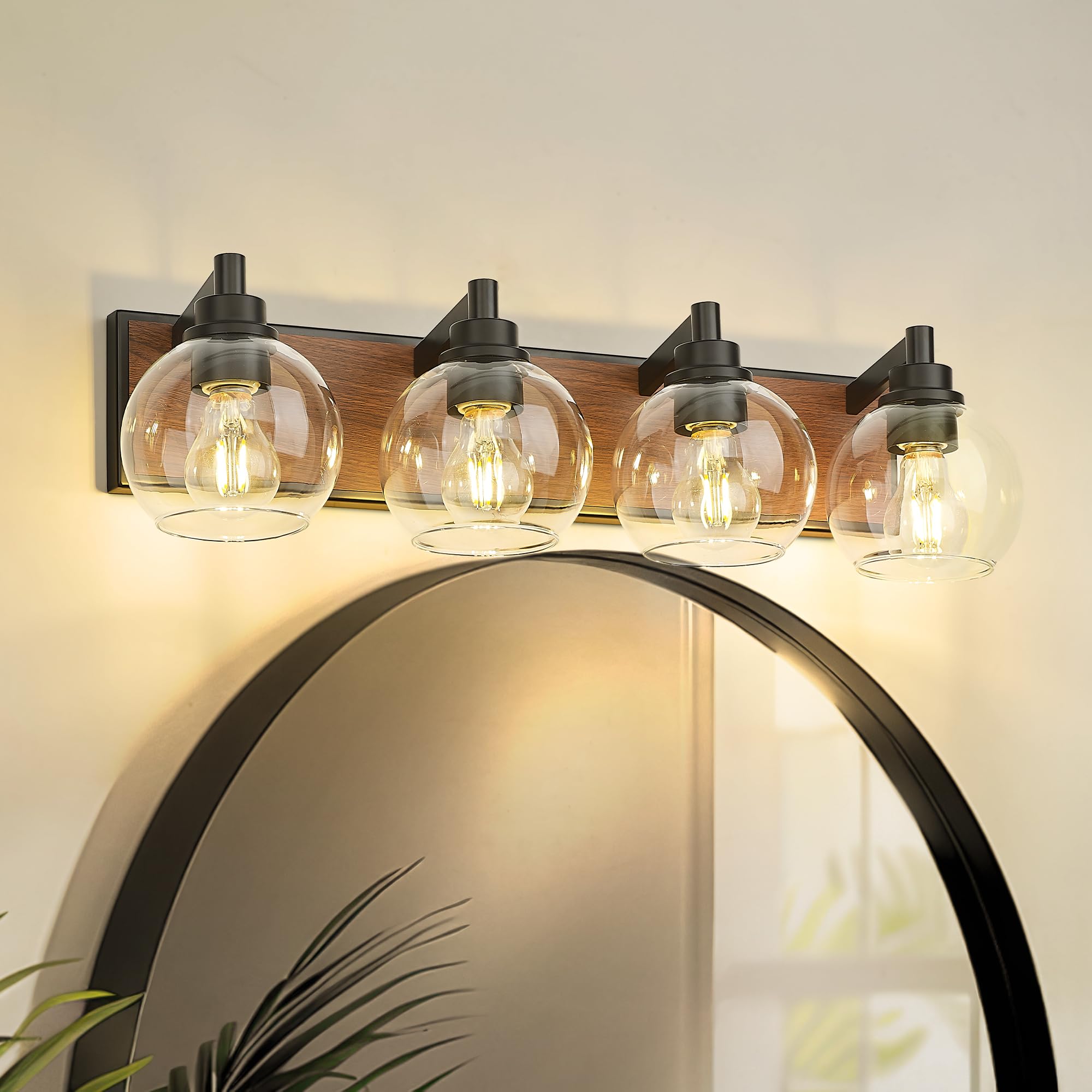 Metwet Bathroom Light Fixtures, 4-Light Black And Faux-Wood Finish Bathroom Vanity Light, 26 Inch Farmhouse Wall Sconces With Gl