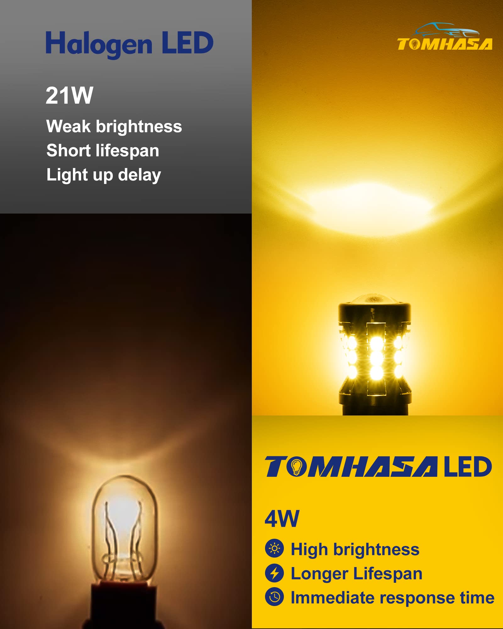 Tomhasa 7440 7443 Led Bulbs Amber Yellow For Turn Signal Light Bulbs, 7441 7444 T20 W21W Led Replacement Bulbs For Front Rear Turn Signal Lights, Side Marker Lights, Brake Blinker Lights, Pack Of 2