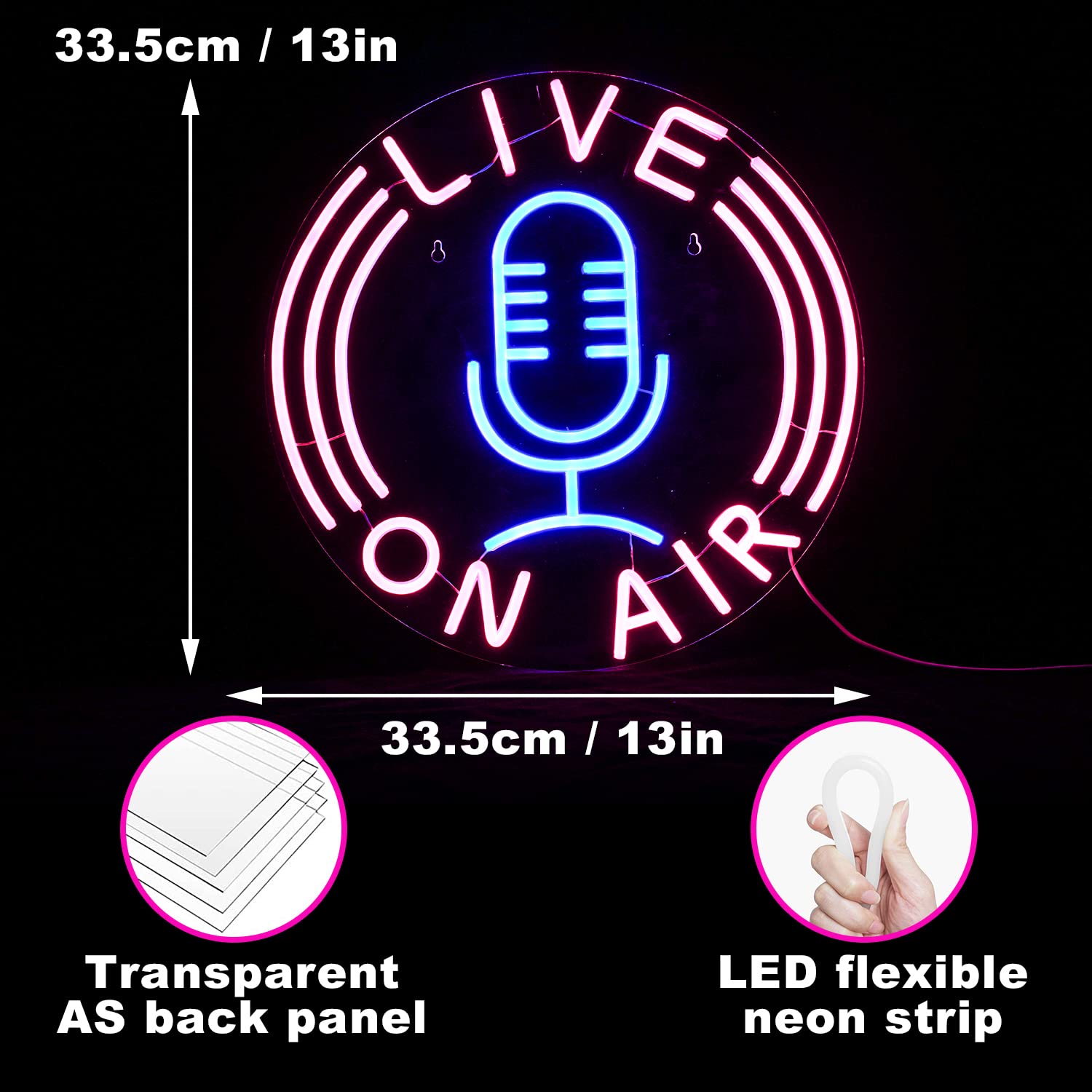 LISIGNVE Live On Air Neon Sign, USB Powered, 12.8inx12.8in, Pink Blue Silicone Wall Decor for Boys Room, Game Room, Studio