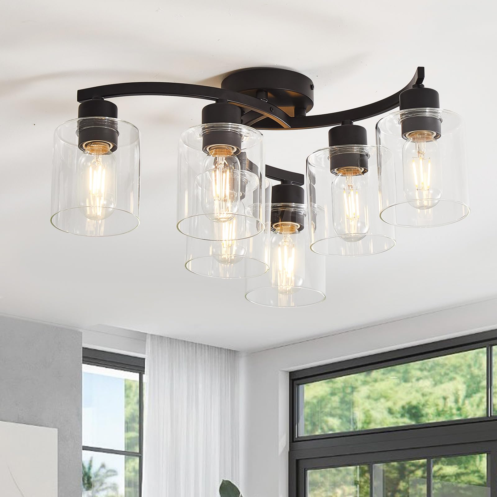 Eatich 6-Light Semi Flush Mount Ceiling Light, Matte Black Ceiling Light Fixture, Farmhouse Kitchen Light Fixtures With Clear Glass Shades, Dining Room Light Fixtures Ceiling Mount For Bedroom