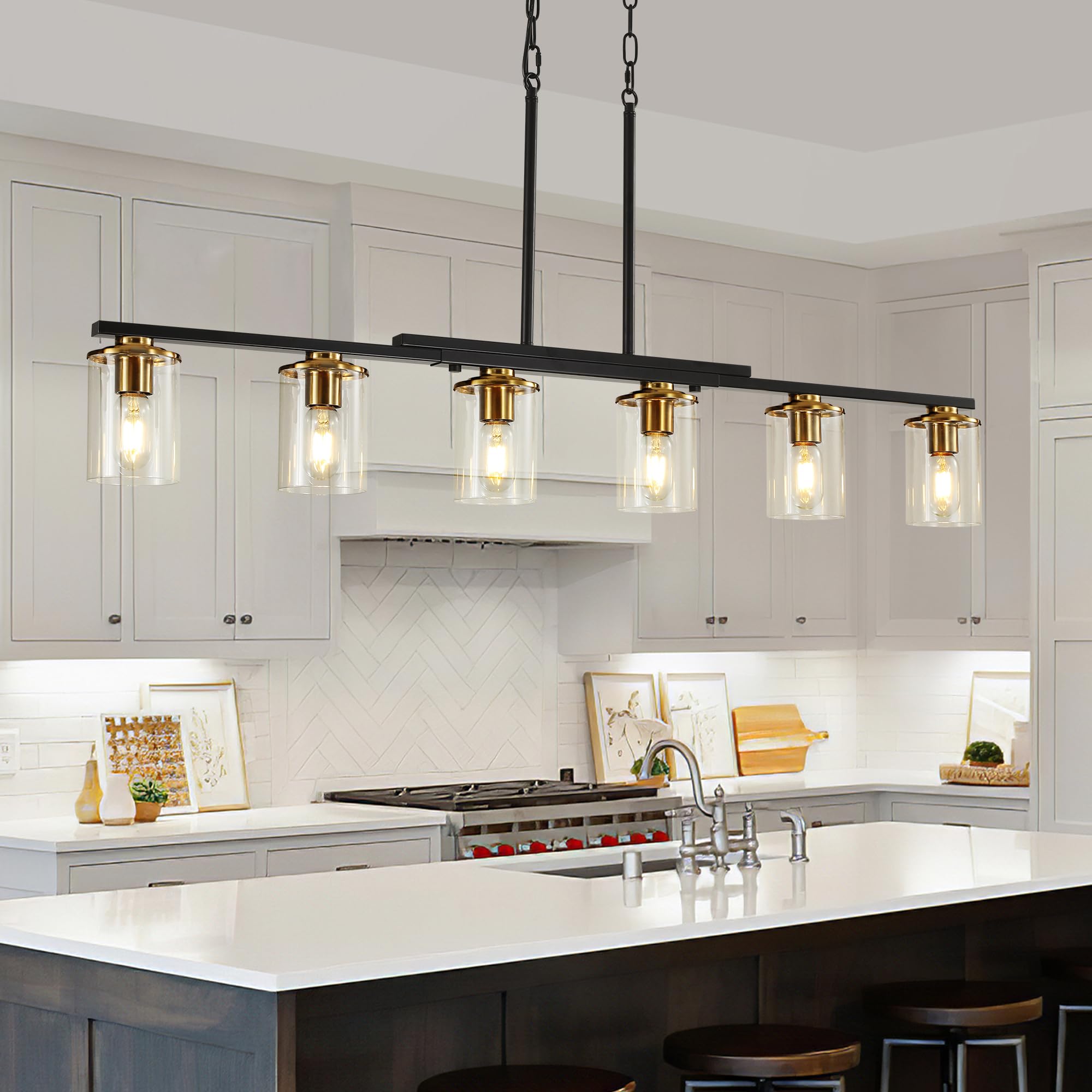 Xvmbvm 6-Light Kitchen Island Lighting Dining Room Lights Modern Farmhouse Chandelier With Clear Glass Shade Modern Rustic Black And Gold Metal Chandelier  Kitchen Pendant Light Fixtures Over Table
