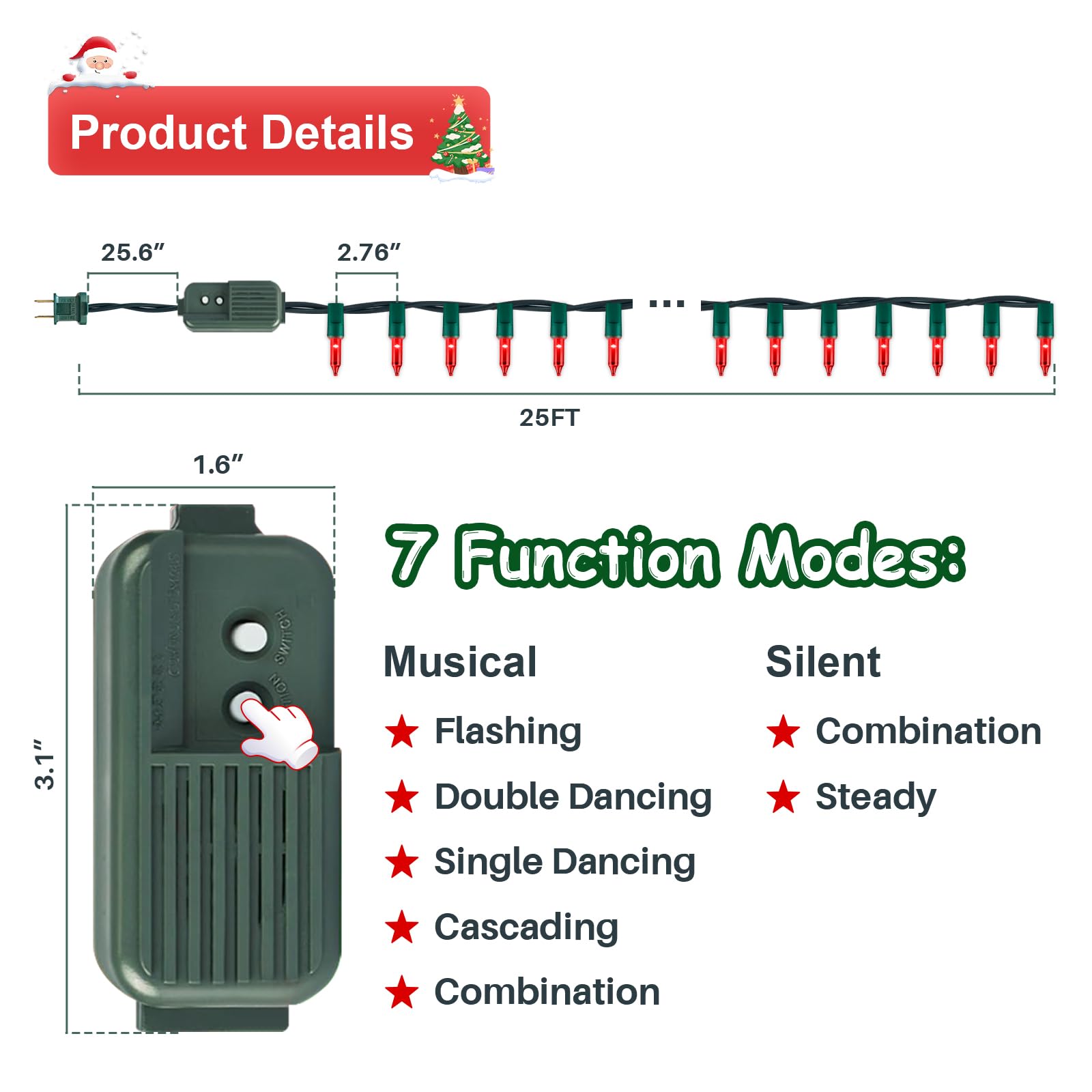 LAMPHOME Musical Christmas Lights, 100 Lights, 23.7ft, UL Certified, Red, Model HPI-100-2/SB