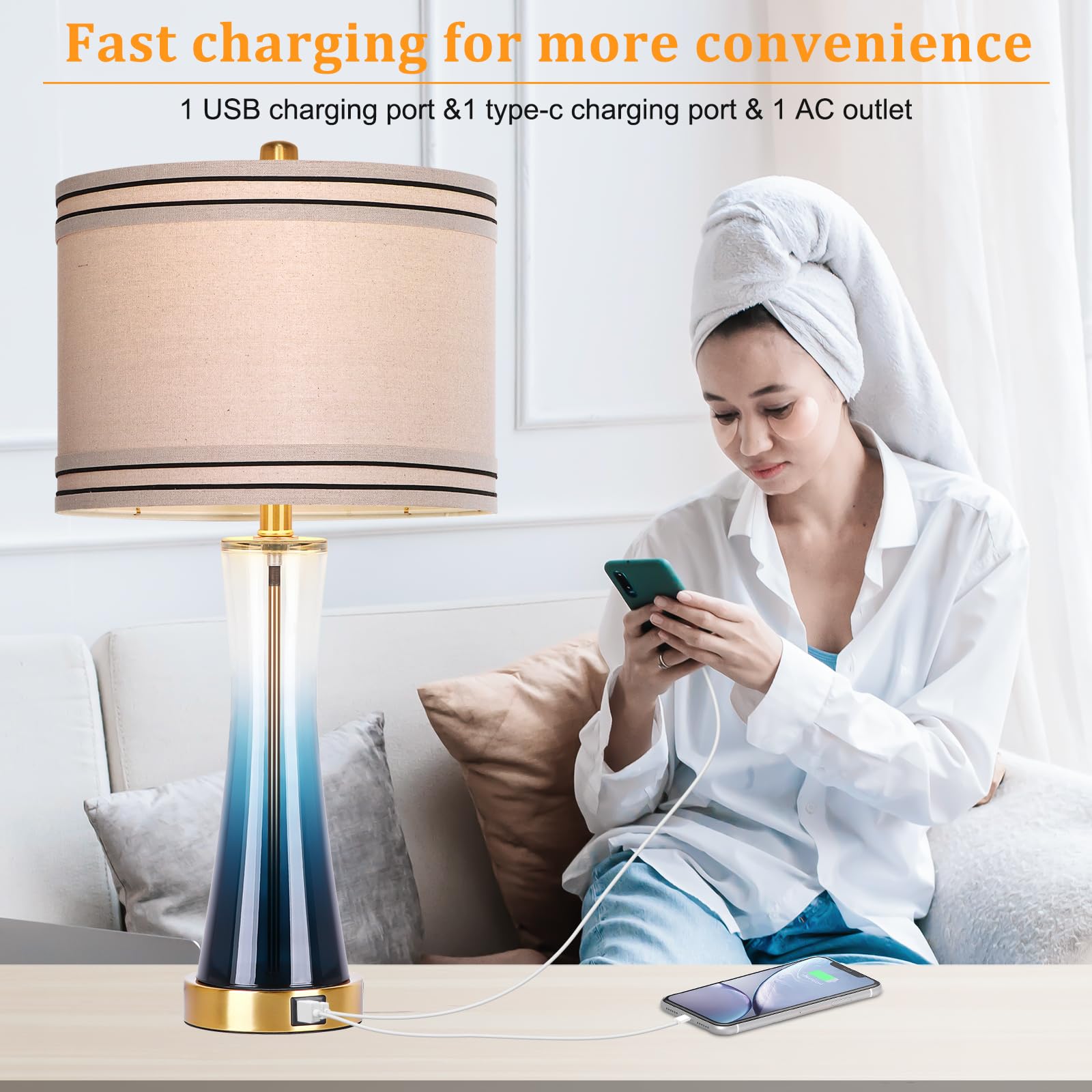 Dott Arts 27.4in Glass Bedside Lamps Set of 2, 3-Way Dimmable with USB Ports, Touch Control, Blue, Model TLA-9W-01