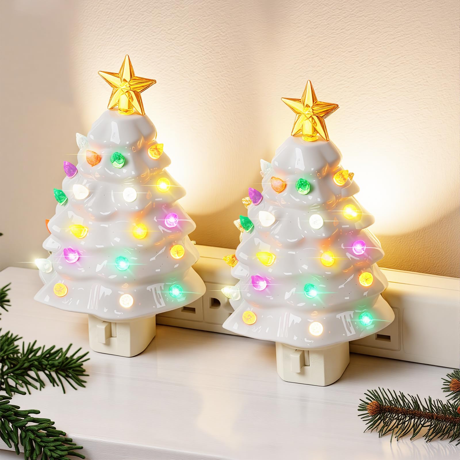 Brightever 2-Pack Ceramic Christmas Tree Night Lights, 6 H UL Certified C7 Christmas Nightlight Plug into Wall with Multicolor B