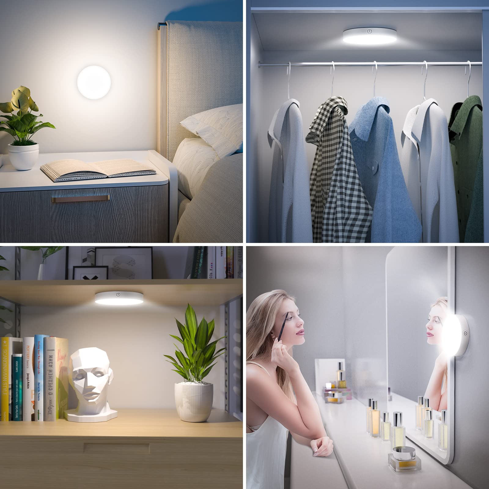 Ferswe Dimmable Rechargeable Tap Lights, 1000Mah Battery, 2-Pack For Closet & Bedroom