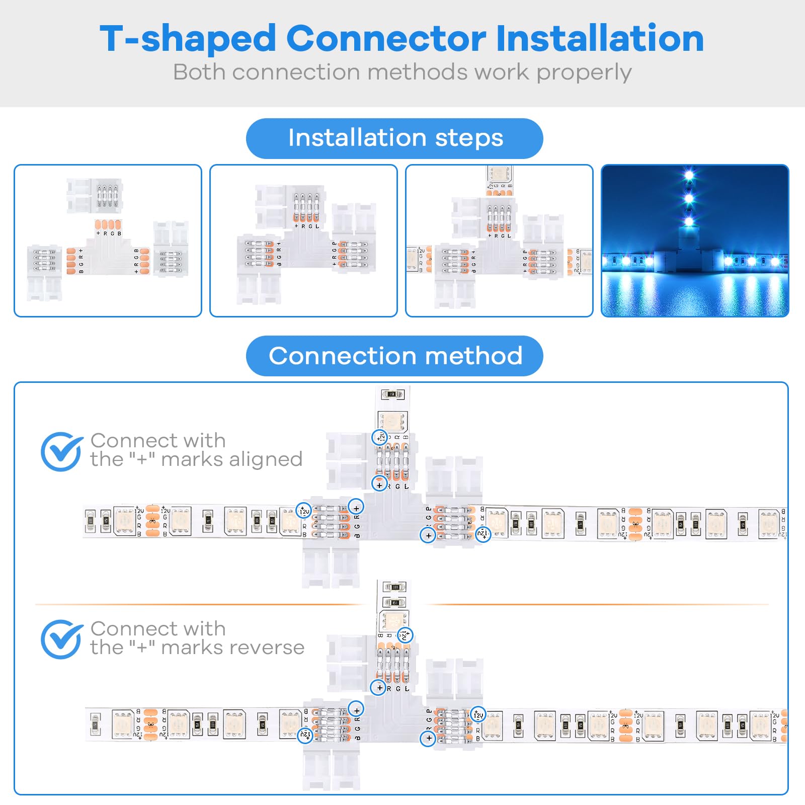 Pmxary 42Pcs 4 Pin Led Strip Connectors Kit For 8Mm Wide Rgb Led Strip Light  Includes 8 L-Shaped  4 T-Shaped  And 30 Solderless Led Light Connectors Clips  Easy For Diy Lighting Projects
