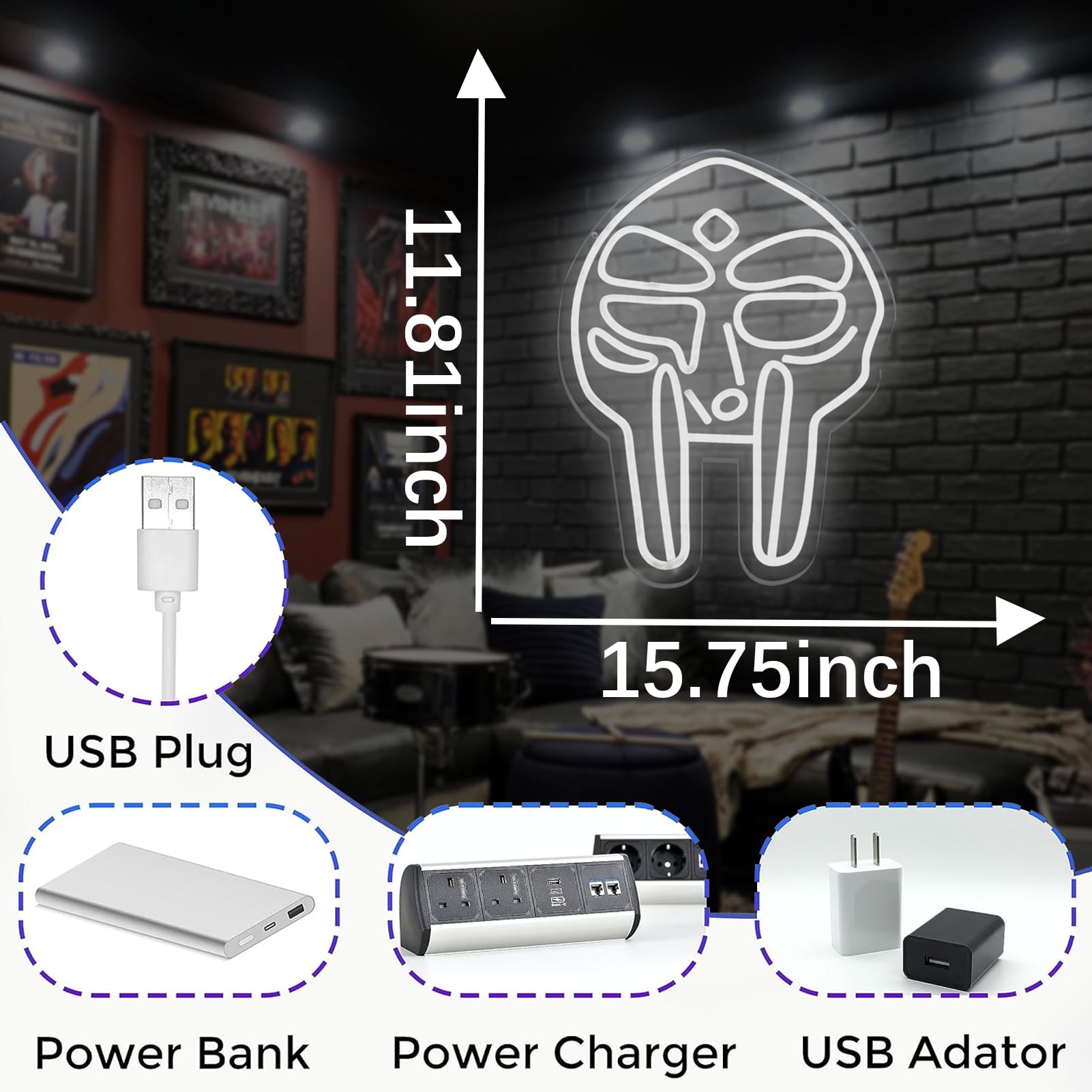 Fuendkf Mf Doom Mask Neon Signs For Wall Decor  Dimmable Gladiator protective covering Mask Neon Lights Usb Power Music And Rap Lovers Neon Lights For Hip Hop Fans Best Gifts  Man Cave  Music Bar And Bedroom