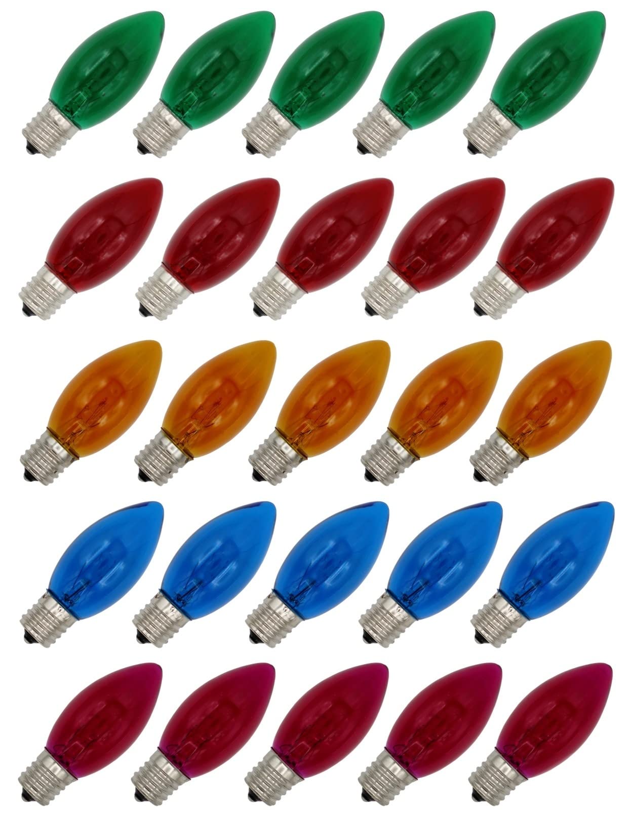 Creative Hobbies Pack of 25 C9 Christmas Replacement Light Bulbs - 7 Watt  Extended Life  Nickel Plated E17 Base - Great for Christmas Lights  Decorative Incandescent Lights (Transparent Multi)