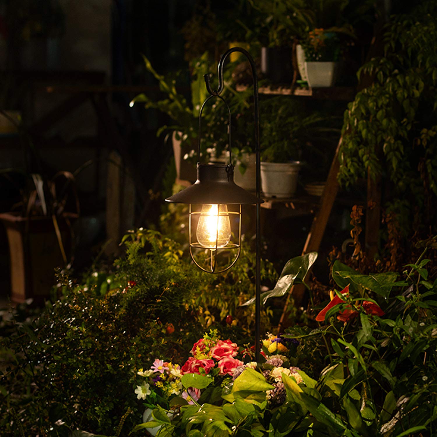 EKQ 2 Pack Hanging Solar Lanterns with Shepherd Hook, Waterproof Edison Bulb Lights, Black