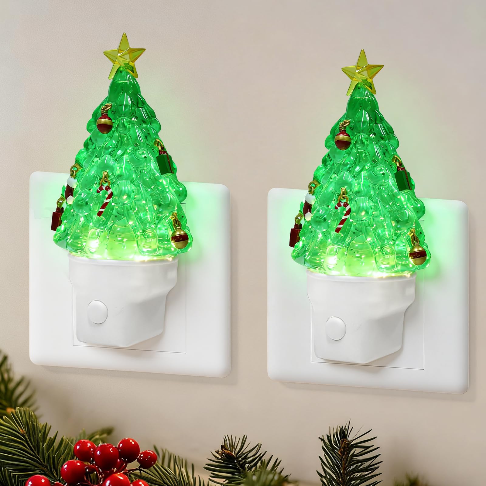 2 Pack Christmas Tree Night Light Plug into Wall Glitter Water Nightlight with USB/Outlet Options  Christmas Tree Decorative Nightlight for Bedroom Kitchen Nursery Holiday Decorations Gifts (Tree)