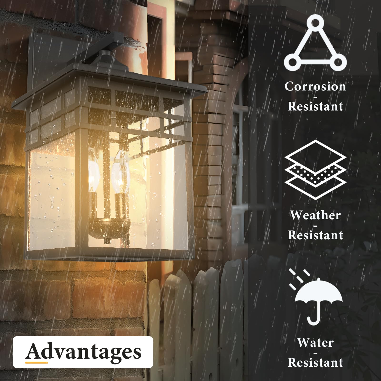 Diyel Outdoor Light Fixture Wall Mount, Black Exterior Light Fixture Wall Sconces With Seeded Glass For Front Porch, Large Water