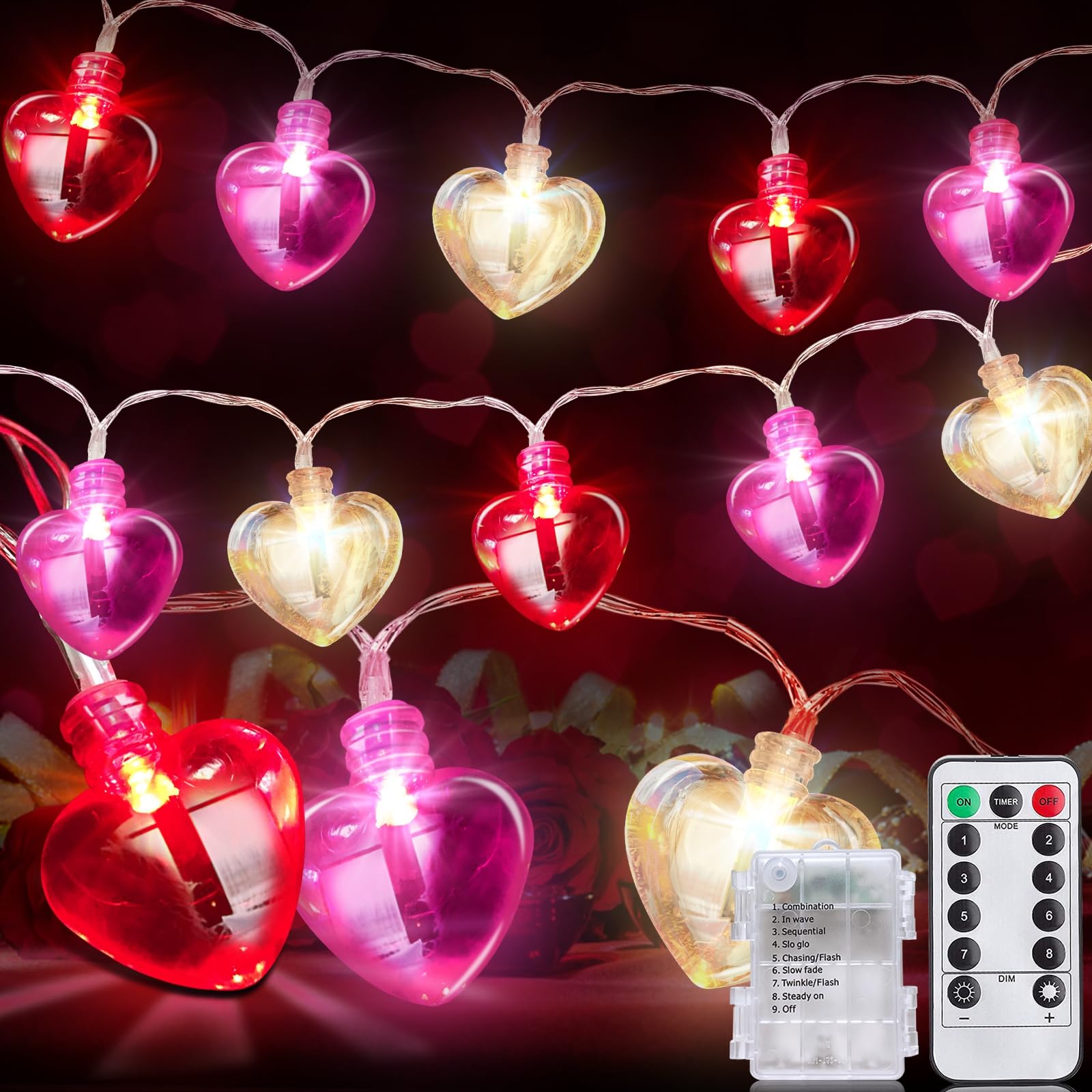 8 Modes & Remote Control - 2 Pack Valentine's Day Lights Decorations Total 16.4 Ft 40 LEDs Red Pink White Heart String Lights Ti
