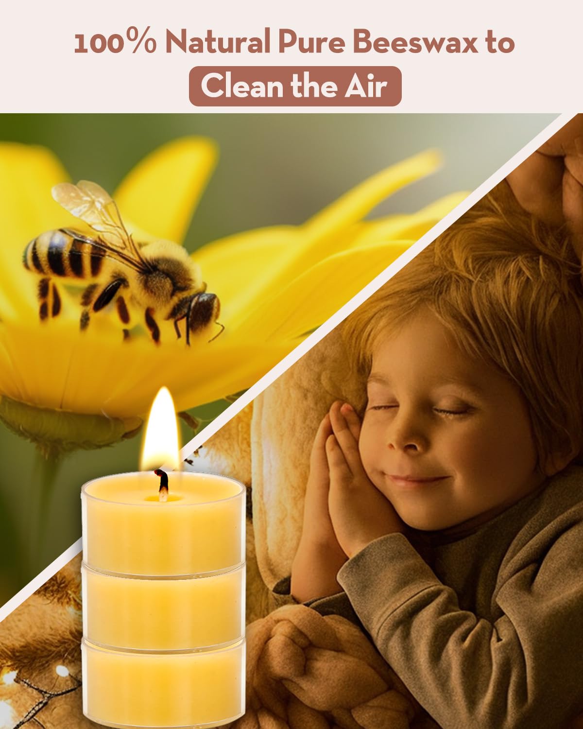 Ashlux Unscented Beeswax Tealight Candles 50 Pack, 4 Hours Long Burning Handmade Yellow Tea Lights Candles, Clear Cup Smokeless