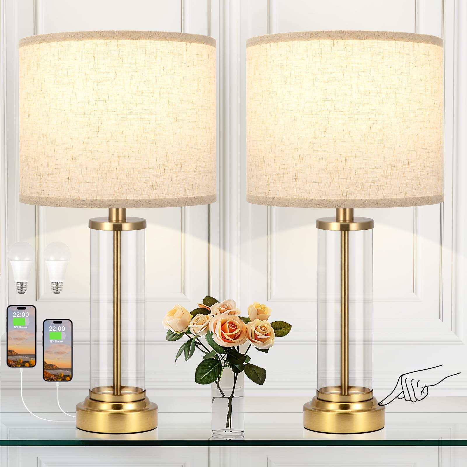 Beige Gold Bedroom Lamps Set of 2 - Touch Bedside Lamp for Night Stands with USB C+A, 3 Way Dimmable Nightstand Table Lamps for 