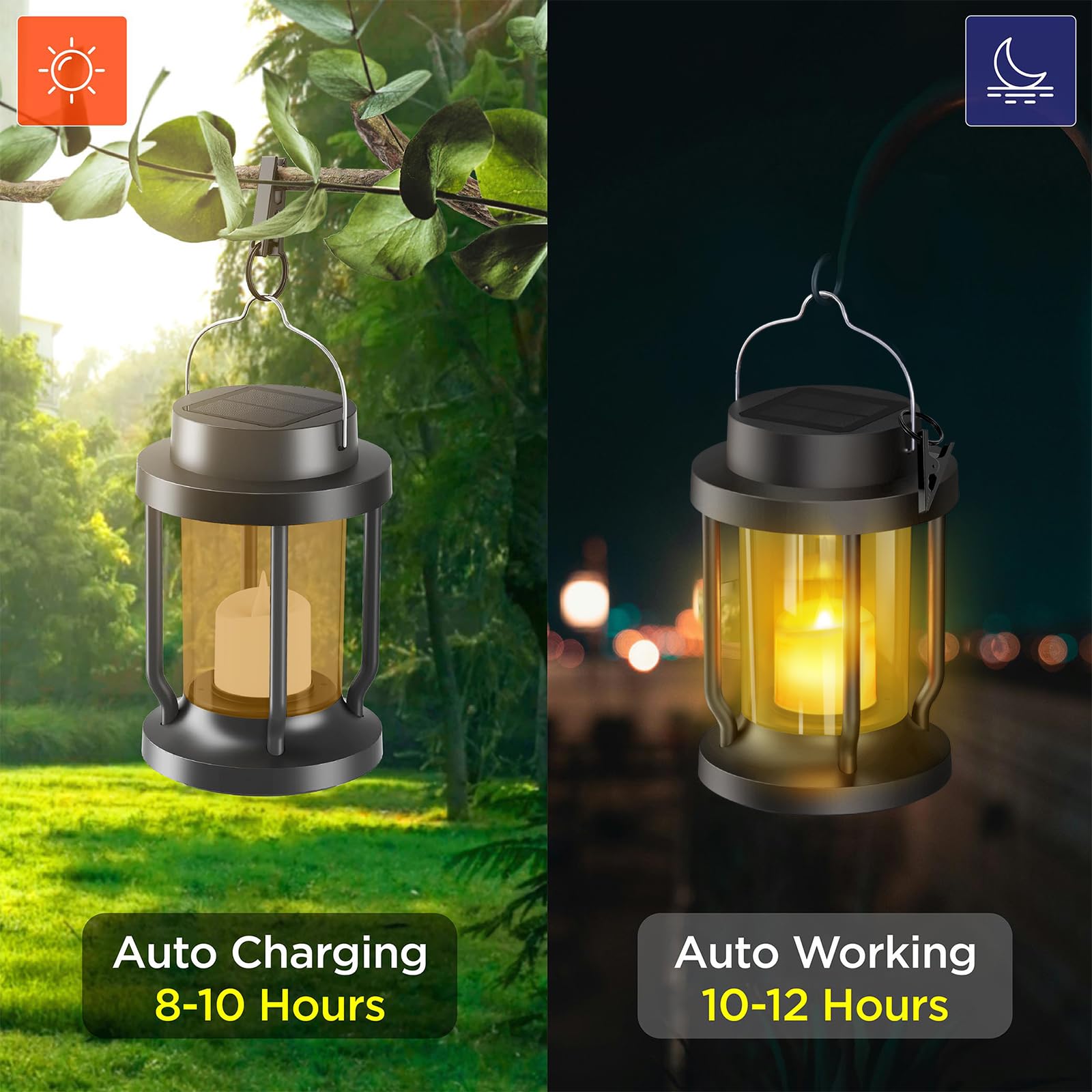 FriutShine Solar Lantern - Hanging Flickering Flameless Candle, Weatherproof, 2 Pack, Black + Amber, Model L01