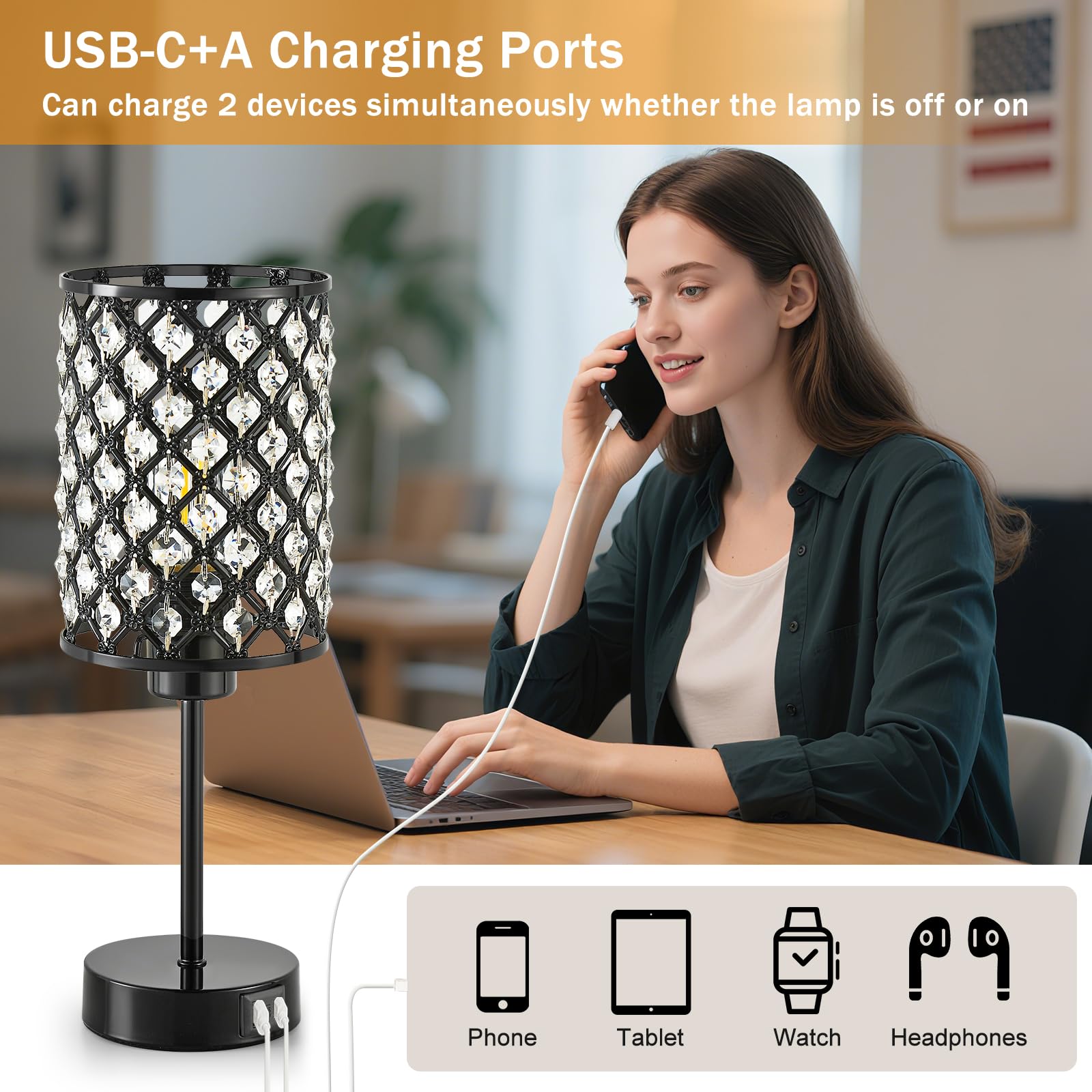 Touch Control Table Lamp, Black Crystal Table Lamps Set Of 2 With 2 Usb Charging Ports, 3-Way Dimmable Bedside Nightstand Lamps