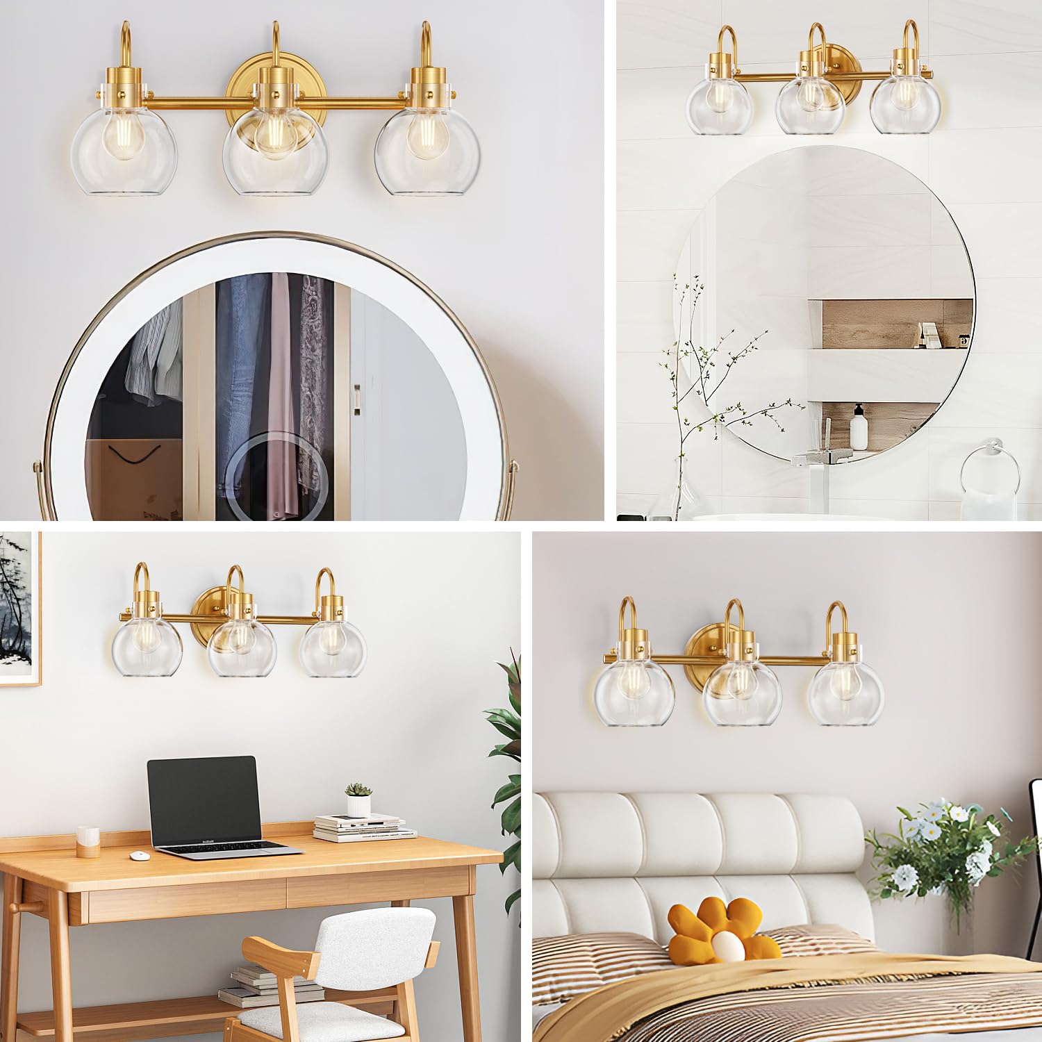 Apenath 3-Light Vanity Light, Brushed Brass Bathroom Fixture With Clear Glass Shade
