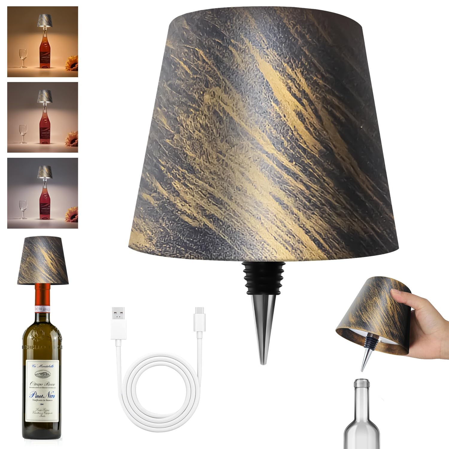 Hoide Wireless Bottle Lamp - LED Touch-Dimmable Night Light Kit, 5.7in, Bronze, Plastic