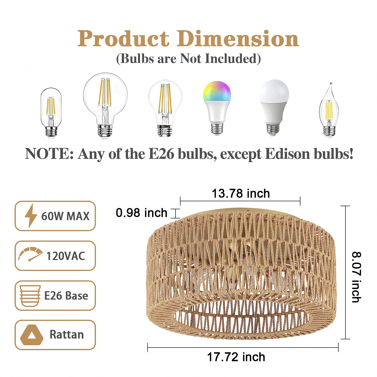 Abeajat Rattan Light Fixtures Ceiling Mount,4-Lights Boho Flush Mount Ceiling Light With Hand-Woven Shade, 18''Rattan Farmhouse