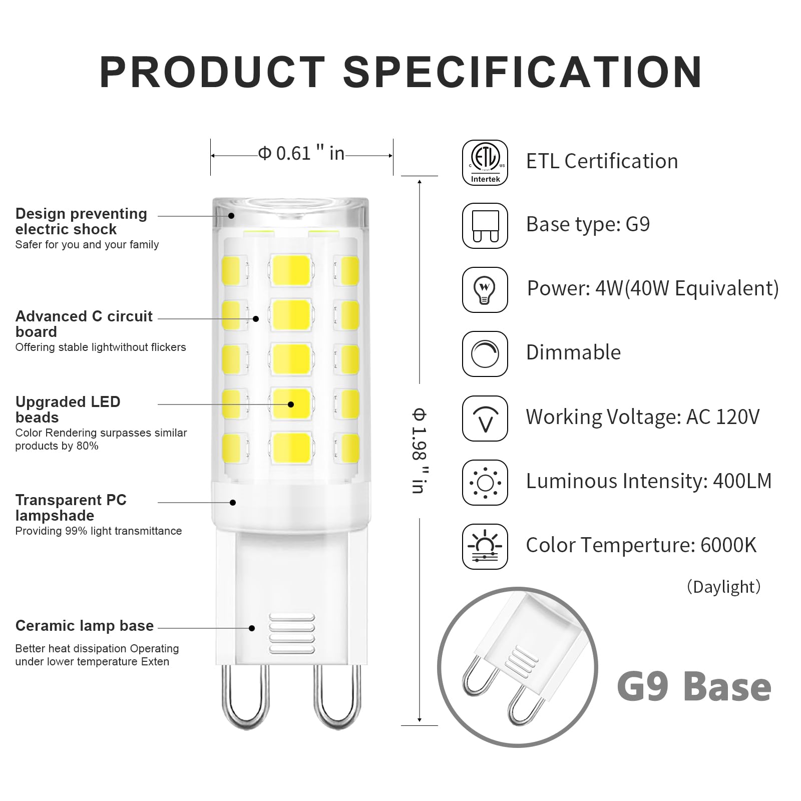 comzler Dimmable G9 LED Bulbs, 4W Equivalent to 40W Halogen, 6000K Daylight, Ceramic Base, 8 Pack