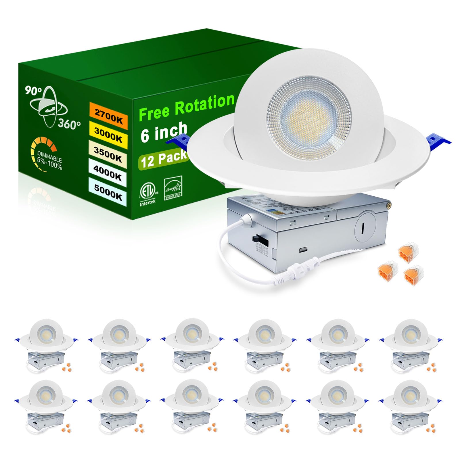 Zouzai 6 Inch 5Cct Gimbal Led Recessed Lights  360+90 Adjustable Directional Recessed Lighting  2700K/3000K/3500K/4000K/5000K Dimmable Retrofit Eyeball Can Lights With Jbox  Etl(White  12 Pack)
