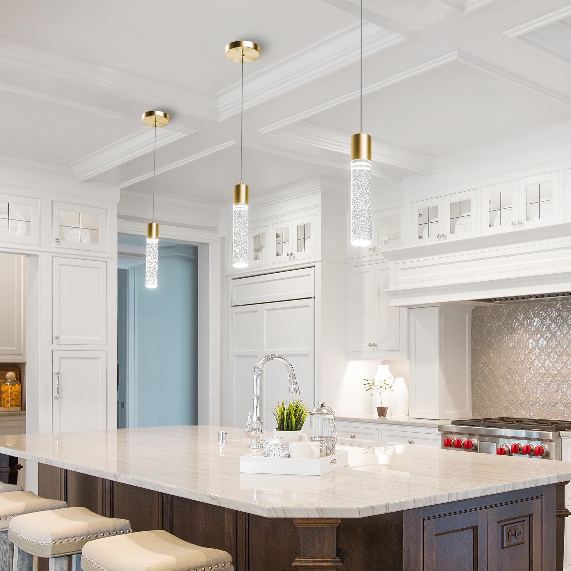 Esfos Pendant Lights Kitchen Island, 6500K Modern Kitchen Island Lights Ceiling Lighting Fixtures With Crystal Bubble, Integrate