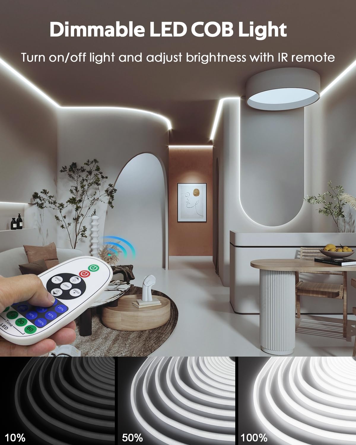 Samsion 50Ft Rope Led Lights For Bedroom With Remote Dimmable Fcob Cob Led Strip Light 6000K Ac 110V White Flexible Led Light Strip Outdoor Waterproof For Garden Building Commerical Decor 15M