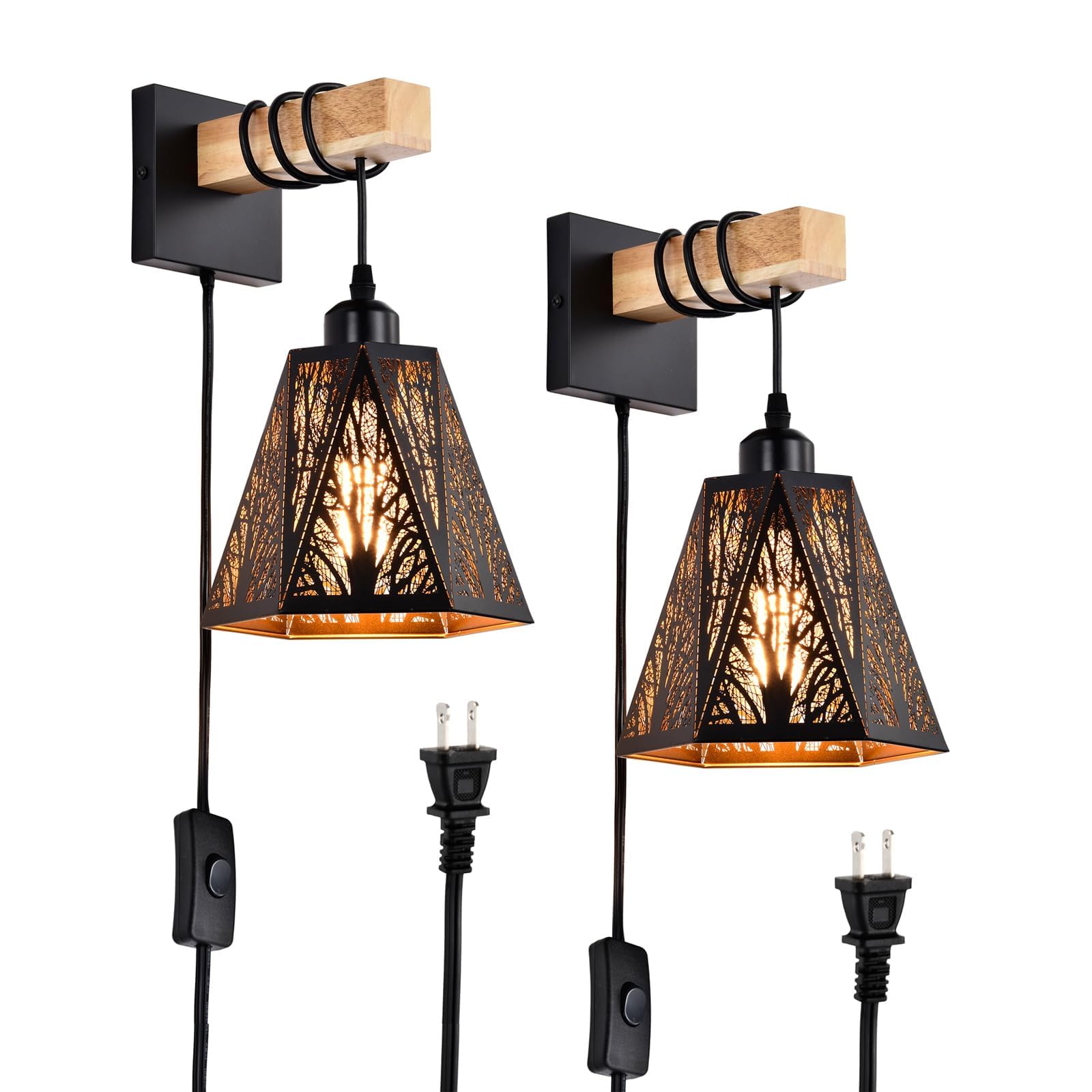 Sunnyin Plug in Wall Sconces Set of 2,Forest Tree Black Rustic Wall Sconces,Farmhouse Metal Wall Mounted Lamp,Industrial Wooden 